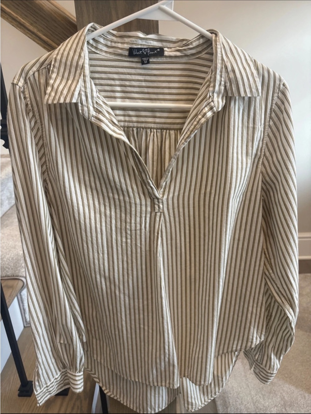 Velvet Heart Cream and Tan Striped Button-Down Blouse medium